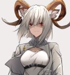  1girl absurdres animal_ears arknights bangs breasts carnelian_(arknights) commentary grey_background grey_jacket highres horns jacket looking_at_viewer open_clothes open_jacket parted_lips pokarii_zuu red_eyes shirt short_hair silver_hair simple_background small_breasts solo upper_body white_shirt 