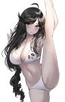  1girl animal_print arm_up armpits balancing bangs bear_print bikini black_hair blush braid breasts general_liu_(girls_frontline) girls_frontline hei_d highres holding_legs large_breasts leaning_to_the_side leg_up long_hair looking_to_the_side low-tied_long_hair navel nervous nervous_smile panda_print shadow shiny shiny_skin solo split standing standing_on_one_leg standing_split sweat swimsuit white_bikini 