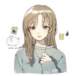  1girl artist_logo artist_name brown_eyes brown_hair earrings eggplant grey_sweater hand_up highres jewelry long_hair long_sleeves looking_at_viewer necklace original parted_lips simple_background sleeves_past_wrists solo sweater symbol-only_commentary upper_body wandu_muk white_background 