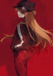  1girl ass bangs blue_eyes bodysuit closed_mouth eyepatch from_behind from_side hat highres jacket long_hair neon_genesis_evangelion plugsuit rebuild_of_evangelion red_background red_bodysuit redhead signature simple_background solo souryuu_asuka_langley 