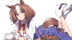  1girl absurdres ahoge animal_ears blush brown_hair closed_mouth gloves highres horse_ears horse_girl horse_tail huge_filesize looking_at_viewer lying meisho_doto_(umamusume) multicolored_hair on_stomach pink_headband red_neckwear red_ribbon ribbon shinomu_(cinomoon) shoes short_hair simple_background solo streaked_hair tail umamusume uniform violet_eyes white_background white_footwear white_gloves white_hair 