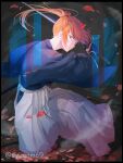  1boy blue_kimono closed_mouth floating_hair frown grey_hakama hakama himura_kenshin holding holding_sword holding_weapon japanese_clothes katana kimono kuo_tasuku long_hair looking_at_viewer male_focus one_knee orange_hair ponytail red_eyes rurouni_kenshin sheath solo sword weapon 