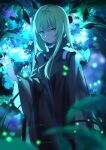  1other androgynous bangs enkidu_(fate) fate/strange_fake fate_(series) green_eyes green_hair highres long_hair looking_at_viewer robe spider_apple 