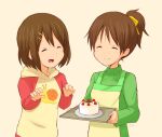  2girls ^_^ apron brown_hair cake closed_eyes een941 food hair_ornament hairclip highres hirasawa_ui hirasawa_yui hood hoodie k-on! multiple_girls ponytail short_hair smile 