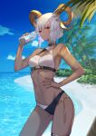  1girl absurdres animal_ears arknights beach bikini black_bikini black_collar bottle breasts carnelian_(arknights) chenxiletongxue chinese_commentary collar commentary_request cowboy_shot dark-skinned_female dark_skin goat_ears goat_girl goat_horns hand_on_hip hand_up highres holding horns looking_at_viewer medium_breasts midriff navel outdoors palm_tree red_eyes short_hair solo swimsuit thighs tree two-tone_bikini water_bottle white_bikini white_hair 