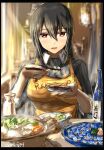  apron black_hair border breasts brown_eyes food food_focus highres kantai_collection long_hair looking_at_viewer meal medium_breasts nagato_(kancolle) open_mouth puka_puka seitei_(04seitei) sketch upper_body yellow_apron 