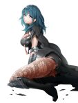  1girl arm_guards armor ass bangs black_cape black_shirt black_shorts blue_eyes blue_hair boots breasts broken_armor byleth_(fire_emblem) byleth_eisner_(female) cape commentary_request eyebrows_visible_through_hair fire_emblem fire_emblem:_three_houses from_side frown full_body hair_between_eyes high_heel_boots high_heels highres igusaharu knee_boots knee_guards kneeling large_breasts legs long_hair looking_at_viewer looking_to_the_side pantyhose patterned_clothing shadow sheer_legwear shiny shiny_clothes shiny_hair shirt short_shorts shorts shoulder_armor sidelocks simple_background solo thighs torn_cape torn_clothes torn_shirt torn_shorts white_background 