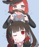  2girls bangs black_headwear blue_background blunt_bangs blush bob_cut brown_hair commentary_request dangan_ronpa_(series) dangan_ronpa_v3:_killing_harmony eyebrows_visible_through_hair fake_facial_hair fake_mustache grey_eyes hair_ornament hair_scrunchie hairclip harukawa_maki hat jian_jing long_hair long_sleeves looking_at_viewer low_twintails mole mole_under_eye multiple_girls open_mouth playing_with_another&#039;s_hair red_scrunchie redhead scrunchie short_hair simple_background twintails upper_body witch_hat yumeno_himiko 