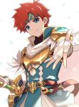  1boy armor blue_eyes cape fingerless_gloves fire_emblem fire_emblem:_the_binding_blade fire_emblem_heroes gloves gonzarez headband highres looking_at_viewer male_focus redhead roy_(fire_emblem) short_hair simple_background smile weapon 