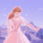  1girl barbie_(franchise) barbie_and_the_magic_of_pegasus barbie_movies blue_eyes brietta brown_hair choker dress eyeshadow glowing gown highres historic jewelry long_hair makeup mountain necklace okitafuji outstretched_arm pink_dress pink_eyeshadow puffy_short_sleeves puffy_sleeves purple_background purple_sky redhead ribbon short_sleeves solo sparkle square_neckline surprised transformation 