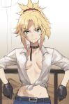 1girl against_railing belt belt_collar black_belt black_gloves blonde_eyebrows blonde_hair blue_pants breasts breasts_apart closed_mouth collar cowboy_shot fate/grand_order fate_(series) gloves green_eyes highres looking_at_viewer mordred_(fate) mordred_(fate)_(all) no_bra open_clothes open_shirt pants ponytail shirt sketch smile smug solo tied_shirt tonee white_shirt