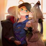  3girls absurdres ahoge artoria_pendragon_(all) bangs bare_shoulders baseball_cap black_headwear black_shirt blonde_hair blue_jacket blue_scarf blush braid breasts closed_mouth fate/grand_order fate_(series) french_braid glasses green_eyes hair_between_eyes hair_bun hat highres hood hooded_jacket huge_filesize jacket long_hair long_sleeves looking_at_another looking_to_the_side medium_breasts multiple_girls mysterious_heroine_x_(alter)_(fate) mysterious_heroine_x_(fate) mysterious_idol_x_(alter)_(fate) off_shoulder plaid plaid_scarf ponytail purple_jacket red_scarf rojiura_satsuki:_chapter_heroine_sanctuary scarf shirt sidelocks small_breasts suppa_(hagakuresuppa) wavy_mouth white_jacket yellow_eyes 