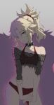  1girl blonde_hair bra closed_mouth contrapposto cowboy_shot earrings fate/grand_order fate_(series) green_eyes highres jewelry looking_at_viewer medium_hair mordred_(fate) mordred_(fate)_(all) navel panties ponytail red_bra red_panties sketch solo standing stomach tonee underwear v_arms 