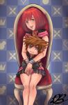  1girl absurdres blue_eyes chair daniel_bui_921 highres jewelry kairi_(kingdom_hearts) kingdom_hearts kingdom_hearts_iii looking_at_viewer open_mouth redhead short_hair signature skirt smile solo sora_(kingdom_hearts) stuffed_toy 