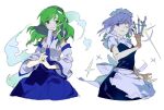  2girls apron asymmetrical_hair between_fingers blue_dress blue_skirt blush braid breasts closed_mouth collared_shirt commentary cowboy_shot detached_sleeves dress eyebrows_visible_through_hair floating_hair frog_hair_ornament gohei green_eyes green_hair green_ribbon hair_between_eyes hair_ornament hair_ribbon hands_together holding holding_knife iovebly izayoi_sakuya knife kochiya_sanae long_hair looking_at_viewer maid maid_apron maid_headdress medium_breasts medium_hair multiple_girls one_eye_closed ribbon shirt short_sleeves side_braids silver_hair simple_background skirt smile smoke snake_hair_ornament sparkle symbol_commentary touhou tress_ribbon twin_braids violet_eyes white_background white_shirt wide_sleeves wing_collar 