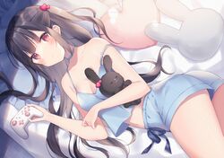  1girl ass bare_arms bare_shoulders black_hair blue_choker blue_shirt blue_shorts breasts camisole choker crop_top crop_top_overhang doll_hug hair_ornament highres long_hair looking_at_viewer lying midriff navel on_bed original playstation_controller red_eyes shiino_sera shirt short_shorts shorts sidelocks sleeveless sleeveless_shirt small_breasts solo spaghetti_strap strap_slip thighs two_side_up 