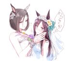  !? 2girls 3: air_groove_(umamusume) animal_ears bare_shoulders blush bridal_gauntlets dress flower hair_between_eyes hair_flower hair_ornament half-closed_eyes horse_ears long_hair mejiro_dober_(umamusume) multiple_girls romi_(346_ura) short_hair simple_background sweatdrop umamusume veil violet_eyes white_background white_dress yuri 