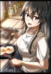  alternate_costume black_hair border breasts cooking food food_focus fried_egg hairband highres kantai_collection kitchen long_hair looking_at_viewer medium_breasts open_mouth ponytail seitei_(04seitei) shirt sketch upper_body white_shirt yahagi_(kancolle) 