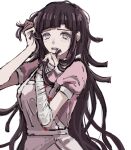  1girl apron bandaged_arm bandages bangs blush cowboy_shot dangan_ronpa_(series) dangan_ronpa_2:_goodbye_despair highres holding holding_hair long_hair looking_at_viewer mole mole_under_eye open_mouth pink_shirt puffy_short_sleeves puffy_sleeves purple_hair r37_k53 shirt short_sleeves simple_background skirt solo tearing_up tsumiki_mikan upper_body white_background 