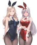  2girls alternate_costume animal_ears ass_visible_through_thighs bangs black_legwear black_neckwear blonde_hair blue_eyes blue_neckwear breasts brown_eyes cowboy_shot detached_collar eyebrows_visible_through_hair fake_animal_ears hair_ribbon highres hornet_(kancolle) kantai_collection large_breasts leotard long_hair looking_at_viewer multiple_girls necktie pantyhose playboy_bunny rabbit_ears ribbon rokuwata_tomoe shoukaku_(kancolle) silver_hair simple_background strapless strapless_leotard striped very_long_hair white_background wrist_cuffs 