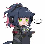  ... 1girl animal animal_ears arknights black_gloves black_jacket blue_hair cat cat_ears cat_girl cat_tail chibi collar commentary crying crying_with_eyes_open gloves green_eyes headphones holding holding_animal holding_cat implied_extra_ears jacket jessica_(arknights) long_hair open_mouth pink_hair ponytail simple_background solo spacelongcat spoken_ellipsis tail tears upper_body white_background 
