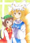  2girls :d animal_ear_fluff animal_ears blonde_hair bow bowtie brown_eyes brown_hair cat_ears cat_tail chen commentary_request dress fang fox_ears fox_tail gold_trim hat height_difference highres marker_(medium) mob_cap multiple_girls multiple_tails nekomata open_mouth pillow_hat red_dress saorin_(k7s3_r716) short_hair smile tabard tail touhou traditional_media two_tails white_dress yakumo_ran yellow_eyes yellow_neckwear 