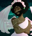  1boy angel angel_wings astrology beard black_hair closed_eyes constellation criaha crossed_arms curly_hair dark-skinned_male dark_skin facial_hair feathered_wings flower greek_clothes green_background hair_flower hair_ornament head_tilt head_wreath long_nose looking_to_the_side night night_sky pink_flower pink_rose pointy_nose poptropica portrait ringmaster_raven robe rose sad sky solo star_(sky) toga virgo wings 