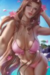  1girl aerith_gainsborough bikini blue_eyes blurry blurry_background breasts brown_hair choker day drill_hair final_fantasy final_fantasy_vii final_fantasy_vii_remake flower hair_flower hair_ornament large_breasts leaning_forward lips long_hair looking_at_viewer navel olchas outdoors petals pink_bikini side-tie_bikini solo standing swimsuit twin_drills 