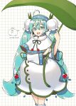  1girl absurdres ahoge artist_name blue_eyes blue_hair blue_hairband capelet cherry commentary dress english_commentary eyebrows_visible_through_hair feet_out_of_frame flower food fruit fur_collar graph_paper hair_ornament hairband hands_up hatsune_miku headset highres holding holding_leaf leaf leaf_hair_ornament leaf_umbrella long_hair long_sleeves looking_at_viewer neck_ribbon open_mouth ribbon smile snowdrop_(flower) solo twintails very_long_hair vocaloid wandu_muk white_background white_capelet white_dress yuki_miku yuki_miku_(2015) 