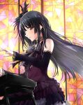 1girl bang_dream! bangs black_hair black_sleeves bow bowtie detached_sleeves dress earrings eyebrows_visible_through_hair feather_hair_ornament feathers floating_hair grey_bow grey_neckwear hair_between_eyes hair_ornament highres instrument jewelry layered_dress long_hair long_sleeves music ochi_r open_mouth playing_instrument playing_piano purple_dress shiny shiny_hair shirokane_rinko sleeveless sleeveless_dress solo stained_glass straight_hair striped striped_neckwear very_long_hair violet_eyes
