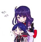  1boy 1girl 5rwpvc :i armor bangs blush braid chibi closed_mouth genshin_impact hair_ornament hands_on_another&#039;s_cheeks hands_on_another&#039;s_face height_difference highres japanese_armor japanese_clothes korean_text long_hair mole mole_under_eye nail_polish parted_lips purple_hair purple_nails raiden_shogun scaramouche_(genshin_impact) simple_background single_braid translation_request upper_body white_background 