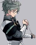  1boy bandages bangs blue_hair closed_mouth collared_shirt fire_emblem fire_emblem_fates from_side glasses grey_background japanese_clothes long_sleeves looking_at_viewer misokatsuhaumai ponytail rope shirt smile upper_body yukimura_(fire_emblem) 