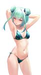  1girl :o armpits arms_behind_head arms_up ass_visible_through_thighs bare_arms bare_shoulders bikini breasts contrapposto cowboy_shot double_bun fang green_bikini green_hair groin highres hololive looking_at_viewer medium_breasts navel parted_lips rable red_eyes short_hair simple_background solo standing stomach string_bikini swimsuit thighs uruha_rushia virtual_youtuber white_background 
