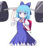  1girl backpack bag bangs blue_bow blue_dress blue_eyes bow bright_pupils cirno closed_mouth cowboy_shot dress dumbbell english_text eyebrows_visible_through_hair hair_bow holding looking_at_viewer neck_ribbon red_bag red_neckwear red_ribbon ribbon shirt short_hair short_sleeves simple_background smile solo sseopik standing touhou weightlifting white_background white_pupils white_shirt 