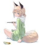 1girl animal_ear_fluff animal_ears blonde_hair chopsticks commentary_request fox_ears fox_girl fox_tail full_body green_hoodie highres holding holding_chopsticks hood hood_down hoodie long_sleeves looking_at_viewer looking_back no_shoes original poco_(asahi_age) ponytail ramen shadow sitting sleeves_past_wrists socks soles solo tail white_background white_legwear 