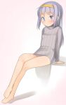  1girl bare_legs barefoot blush breasts closed_mouth dated full_body grey_sweater hairband highres long_hair long_sleeves looking_at_viewer original purple_hair ribbed_sweater signature sitting small_breasts smile solo sweater turtleneck turtleneck_sweater very_long_hair violet_eyes yellow_hairband yone_kinji 