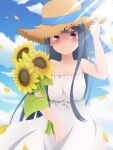  1girl arm_at_side bangs blue_bow blue_hair blue_ribbon blue_sky bow clouds commentary_request dress flower flying hair_between_eyes hair_down hand_on_headwear hat hat_ribbon holding holding_flower leaf light_blush long_hair nuts_tuna off-shoulder_dress off_shoulder petals ribbon shima_rin sidelocks sky sleeveless smile solo spaghetti_strap straw_hat sundress sunflower sunlight violet_eyes wind wind_lift yurucamp 