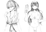  2girls :p akagi_(kancolle) bangs bikini breasts closed_mouth food greyscale highres holding holding_food japanese_clothes kaga_(kancolle) kantai_collection kimono large_breasts long_hair medium_breasts monochrome multiple_girls open_clothes ponytail popsicle side_ponytail simple_background smile swimsuit tongue tongue_out traditional_media tsuji_kazuho 