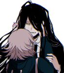  1boy 1girl bangs black_hair black_jacket black_neckwear brown_eyes buxiang_(unknown_scr6) commentary_request crying dangan_ronpa_(series) dangan_ronpa_2:_goodbye_despair facing_away flipped_hair from_behind hair_over_one_eye hands_on_another&#039;s_face holding hood hood_down jacket kamukura_izuru long_hair long_sleeves lower_teeth male_focus messy_hair nail_polish nanami_chiaki necktie pink_hair shirt simple_background tears white_background white_shirt 