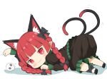  1girl :3 animal_ear_fluff animal_ears blush braid cat_ears cat_tail chibi commentary_request crys_(dai) extra_ears from_behind kaenbyou_rin long_hair looking_at_viewer looking_back multiple_tails nekomata paw_pose pointy_ears red_eyes redhead simple_background skull solo tail top-down_bottom-up touhou twin_braids twintails two_tails white_background 