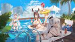  4girls absurdres amiya_(arknights) arknights bikini black_bikini black_swimsuit blue_bikini breasts brown_hair cityscape commentary_request exusiai_(arknights) halo highres horns innertube koi_han large_breasts medium_breasts multiple_girls outdoors plant pool red_eyes redhead shining_(arknights) short_hair silver_hair skadi_(arknights) swimsuit tree wading 