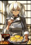  1girl border breasts food food_focus highres kantai_collection long_sleeves looking_at_viewer meal medium_breasts military military_uniform musashi_(kancolle) seitei_(04seitei) short_hair sketch solo twintails uniform upper_body white_hair 
