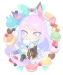  1girl animal_ears bangs black_jacket black_skirt blue_bow blue_legwear blueberry boots bow cake candy chachi_(azuzu) chibi closed_mouth cup eyebrows_visible_through_hair facing_viewer food frilled_jacket frilled_sleeves frills fruit full_body gold_trim hair_down holding holding_cup horse_ears horse_tail jacket long_hair looking_at_viewer macaron mejiro_mcqueen_(umamusume) mismatched_legwear multicolored pink_eyes pink_hair pink_tail pleated_skirt saucer sidelocks sitting skirt smile socks solo strawberry sweets tail teacup transparent_background umamusume 