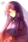  1girl bangs bow earrings edamameoka eyebrows_visible_through_hair fire_emblem fire_emblem:_radiant_dawn headband highres jewelry long_hair looking_at_viewer parted_bangs parted_lips purple_hair red_bow red_headband sanaki_kirsch_altina shirt solo upper_body white_background yellow_eyes 