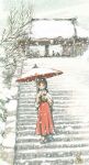  1girl 2others black_hair highres japanese_clothes long_hair miko multiple_others oil-paper_umbrella original shrine snow solo_focus stairs standing tomomi_(user_xtmw2443) umbrella winter 