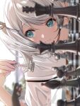  1girl aqua_eyes bangs blurry blurry_background cat_paws chess_piece chessboard closed_mouth eyebrows_visible_through_hair hair_ribbon head_rest highres holding_chess_piece looking_to_the_side original paws ribbon shirt side_ponytail silver_hair smile solo white_shirt window zattape 