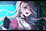  1girl :d bangs barbed_wire black_choker blonde_hair blue_eyes breasts choker collarbone criis-chan dangan_ronpa_(series) dangan_ronpa_v3:_killing_harmony english_text eyebrows_visible_through_hair fingerless_gloves gloves goggles goggles_on_head hair_between_eyes index_finger_raised indoors iruma_miu large_breasts long_hair long_sleeves looking_at_viewer open_mouth pink_shirt plant school_uniform serafuku shirt smile subtitled twitter_username upper_teeth 