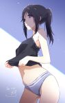  1girl ass_visible_through_thighs black_camisole black_hair blue_eyes brand_name_imitation calvin_klein camisole clothes_lift commentary_request dated grey_panties hibike!_euphonium high_ponytail highres kasaki_nozomi light_particles navel nii_manabu panties ponytail shirt_lift sidelocks signature sunlight underwear 