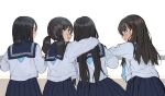  4girls :d bangs black_hair blue_sailor_collar blue_skirt blush commentary_request eyebrows_visible_through_hair facing_away from_behind hair_between_eyes highres long_hair low_twintails multiple_girls open_mouth original pentagon_(railgun_ky1206) pleated_skirt sailor_collar school_uniform serafuku shirt skirt smile twintails very_long_hair white_background white_shirt 