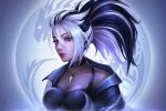  1girl absurdres akali alisa_nilsen black_choker black_coat black_hair breasts choker coat eyeshadow highres jewelry large_breasts league_of_legends looking_at_viewer makeup mole mole_under_eye multicolored_hair necklace open_clothes open_coat ponytail solo two-tone_hair violet_eyes white_hair 